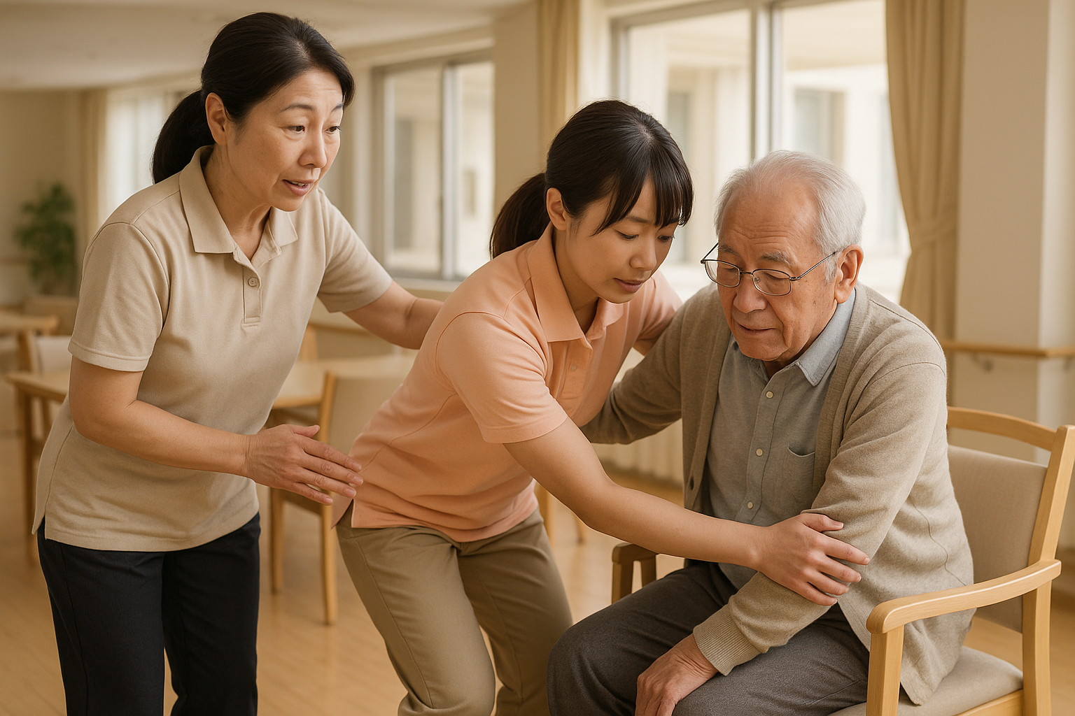 ベテラン介護士が新人に介助技術を伝える