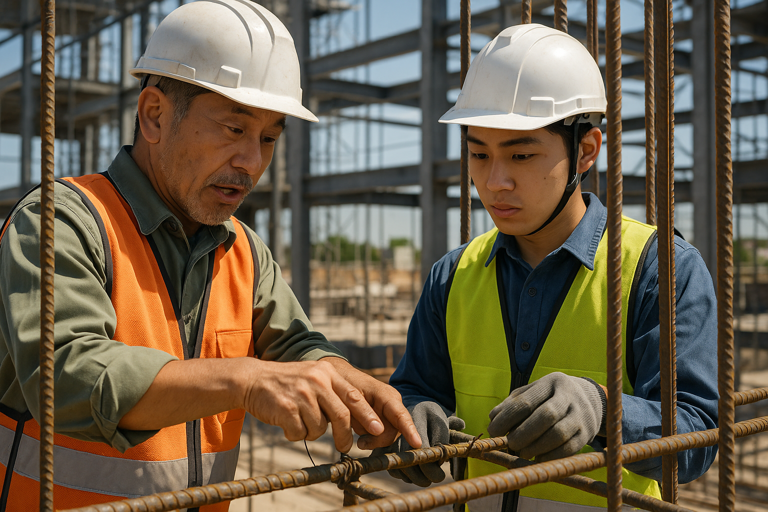 ベテラン職人が施工技術を伝える建設現場