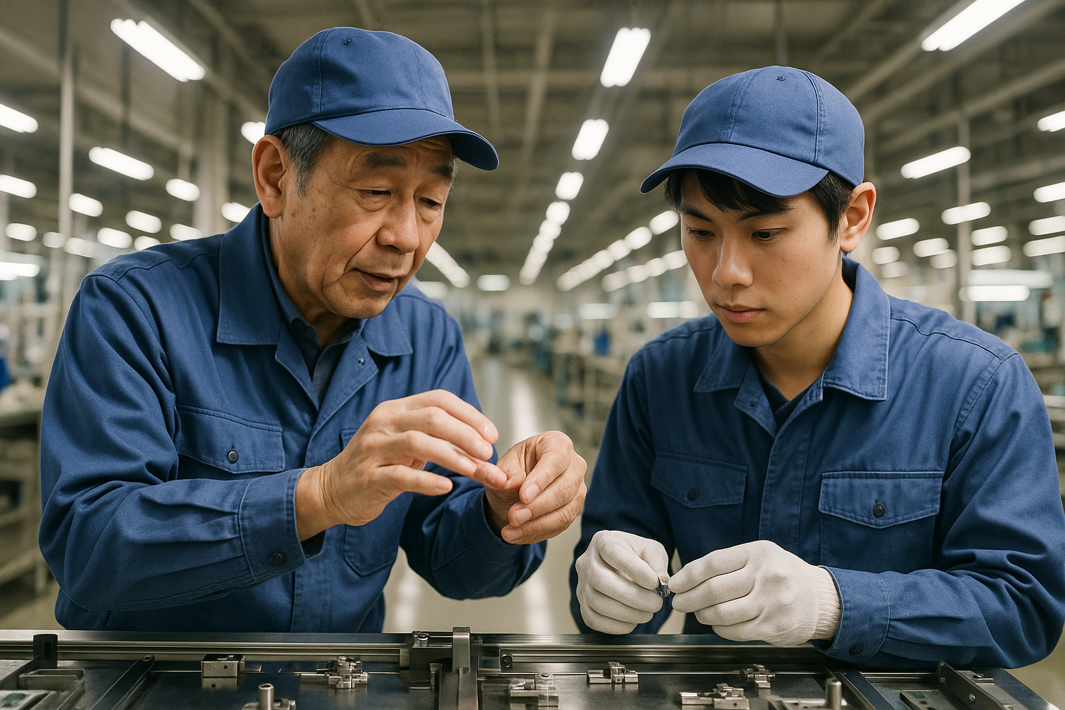 熟練工が新人に加工技術を伝える